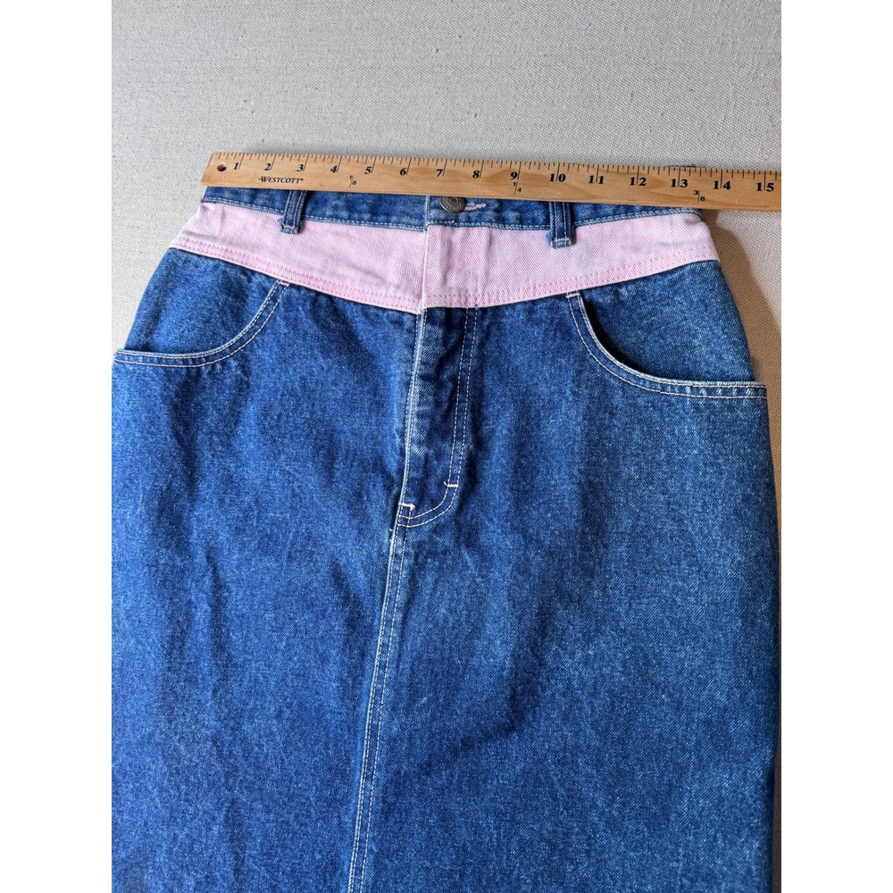80s True Blue Denim Skirt Pink Waist High Rise Knee Length 27" Waist Vintage - Picture 4 of 6